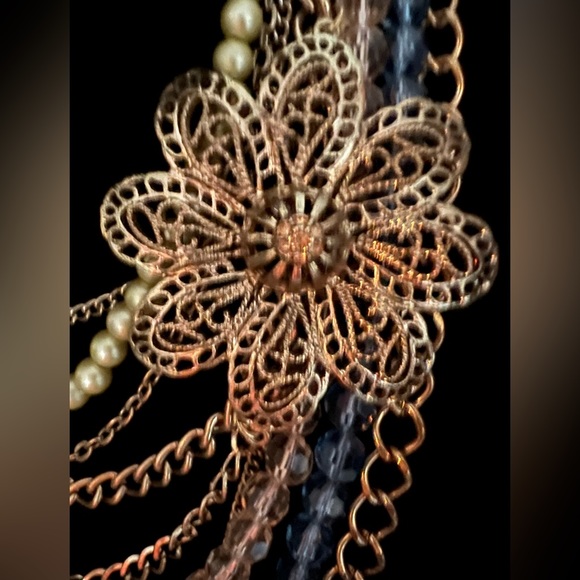 Vintage Multi Strand Statement Necklace w/Floral Openwork Ornament - Picture 3 of 7